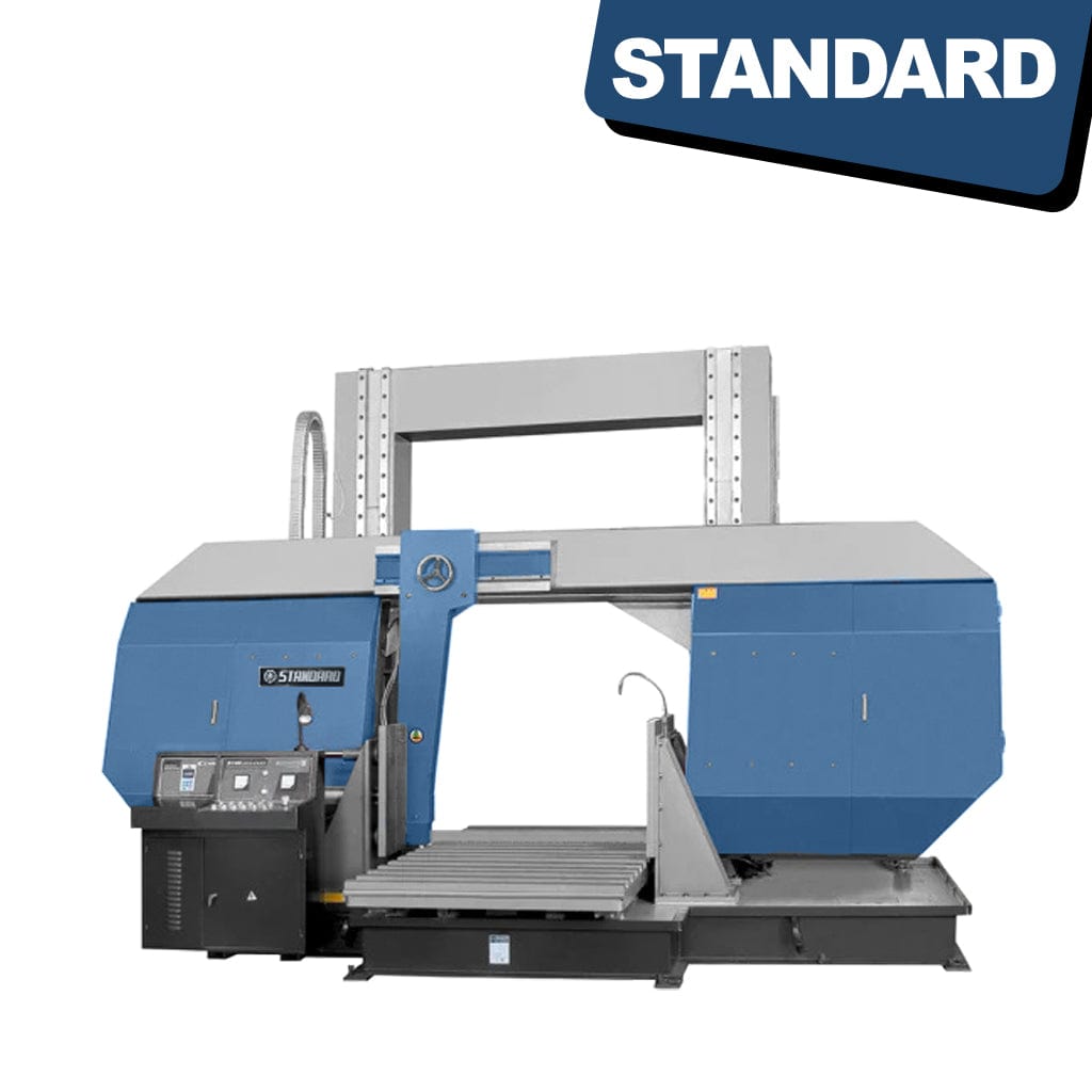 STANDARD BC-1800 Semi-Auto Bandsaw – A heavy-duty industrial machine with a large vertical blade designed for cutting metal and other materials. It features a control panel and a worktable with adjustable settings