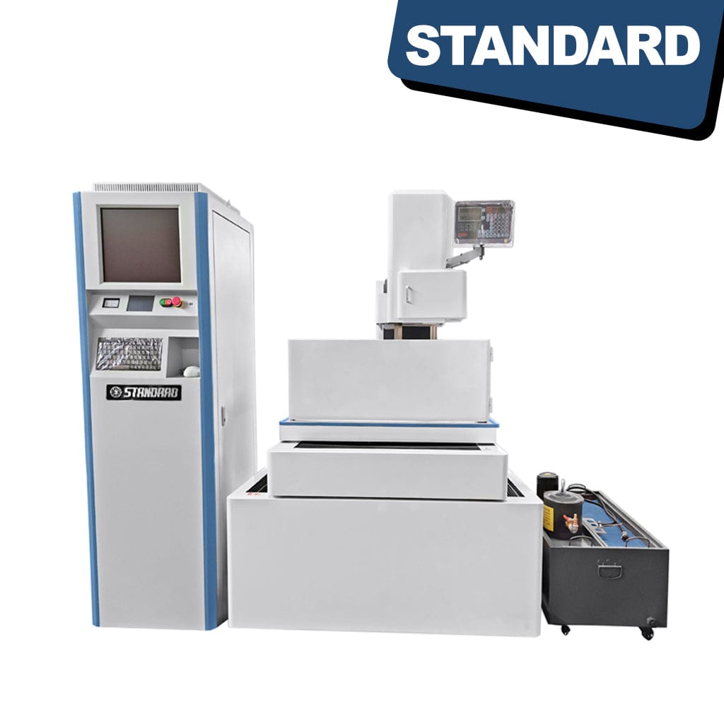 STANDARD EDWS-400x500 Precision Wire Cut EDM machine, featuring Servo Motors. The machine is a metallic structure with control panels and wires. It is designed for precision cutting, with advanced servo motors for enhanced performance. The image showcases the industrial equipment in a workshop setting.