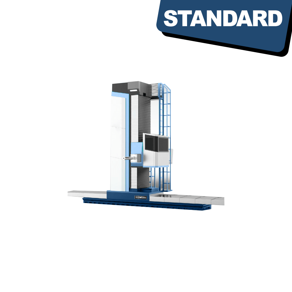 Image of a STANDARD EHS-160A CNC Horizontal Boring Mill, featuring a Ø160mm spindle and a square ram. The machine is equipped with X, Y, Z, B, W, and V axes for precision machining operations, available from STANDARD and Standard Direct.