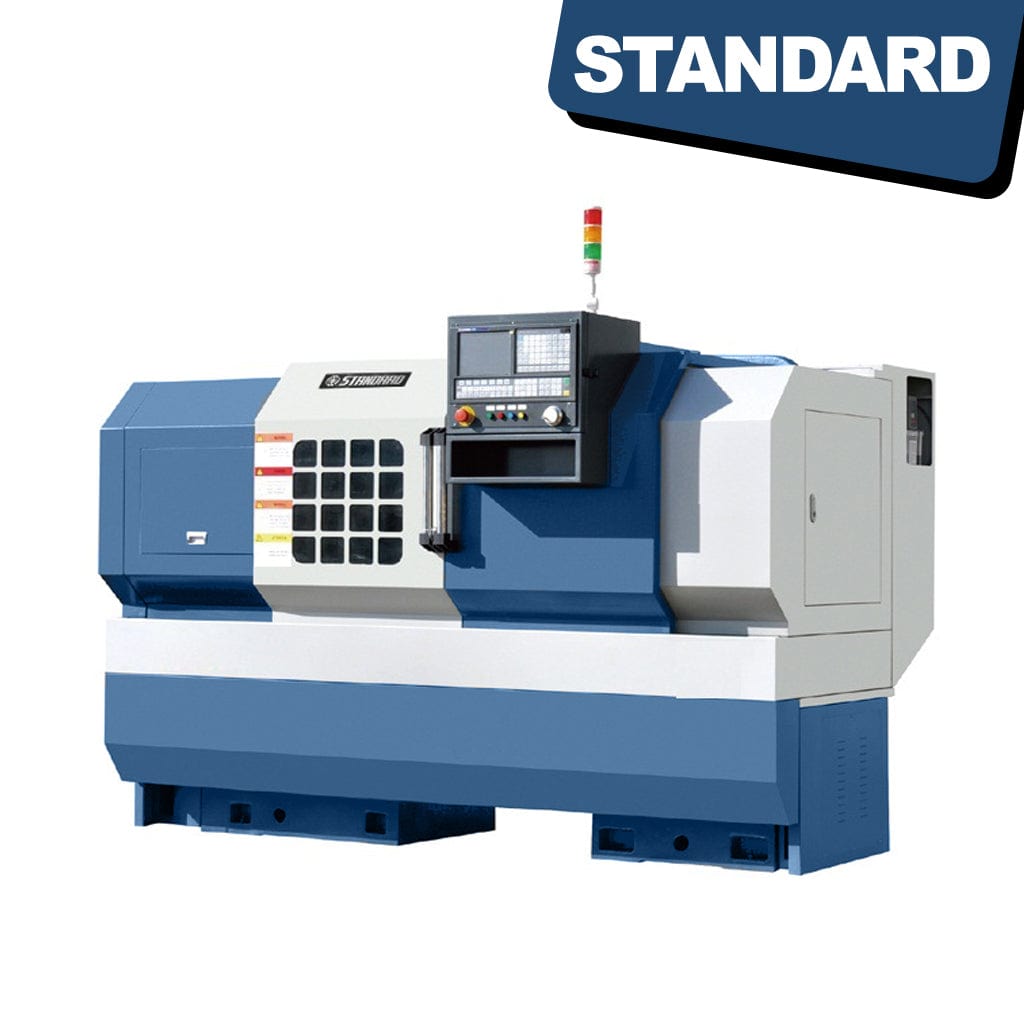 Image of a STANDARD ETB-800x4000 Flat Bed CNC Lathe with a 3-speed headstock, designed for industrial use. The machine features a large, sturdy bed and a powerful spindle for precision turning operations. Control panels and tooling are visible, indicating its advanced capabilities for machining various materials.