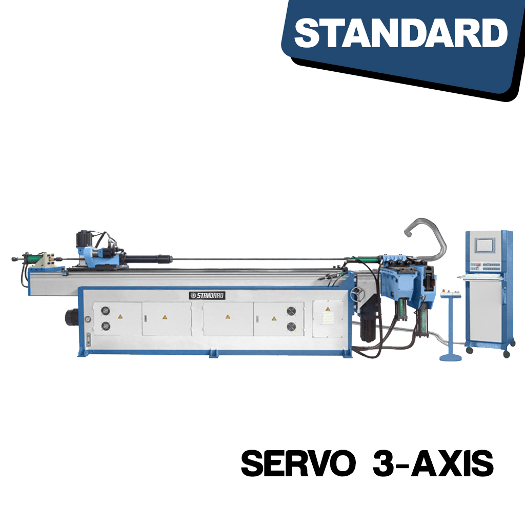 STANDARD BTS-28 3-Axis Servo Mandrel CNC Tube Bender. A machine with mechanical parts and a control panel for bending metal tubes. It has various levers, buttons, and a bending arm, enabling precise tube bending operations.
