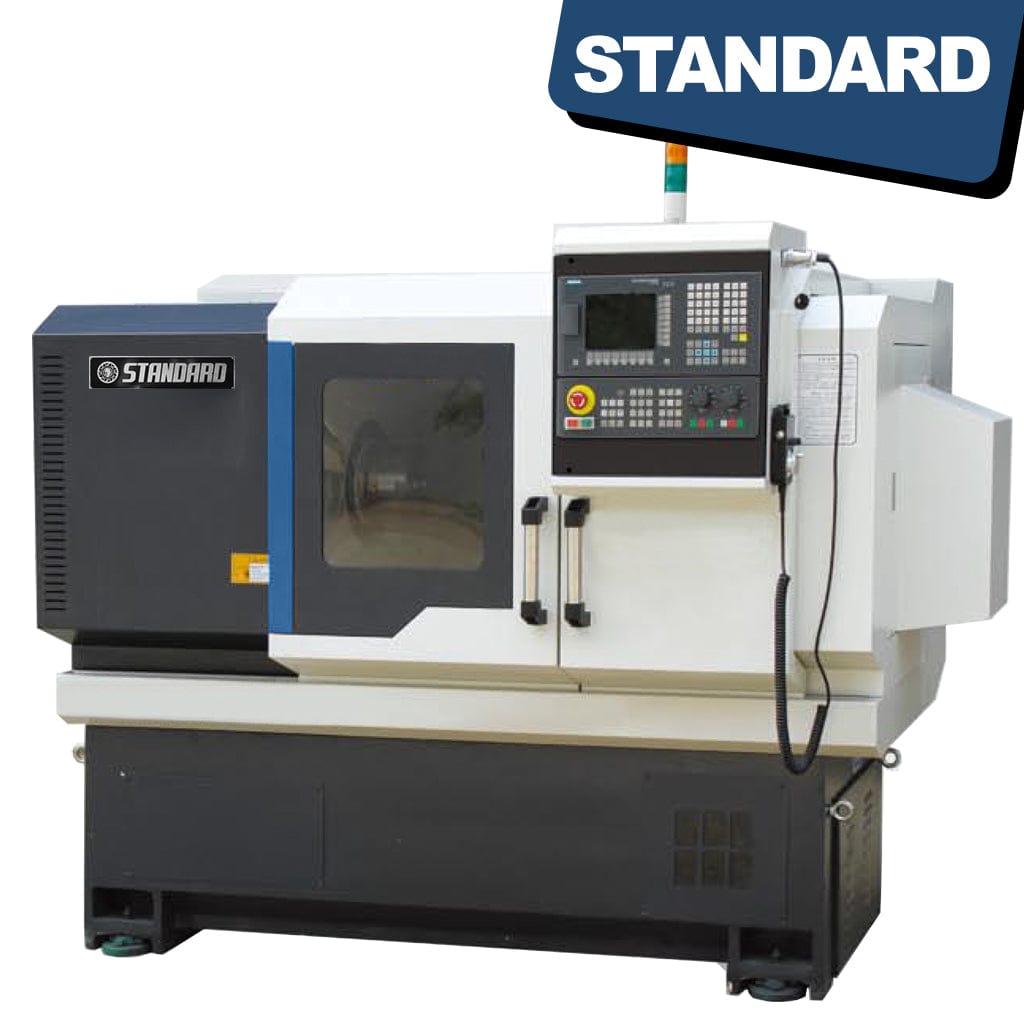 STANDARD ETA-360x750 Flat Bed CNC Lathe, featuring a Direct Drive Spindle, suitable for industrial use. The machine is designed for precision turning operations with a sturdy flat bed and a compact size, making it suitable for various workshop settings, available from STANDARD and Standard Direct.