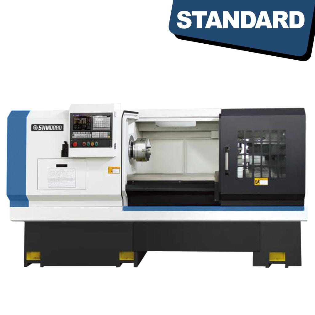 Image: STANDARD ETB-500x1500 Flat Bed CNC Lathe - 3-speed headstock. A precision conventional lathe machine with a flat bed design. The lathe has a 500mm swing over bed and a 1500mm distance between centers. It features a 3-speed headstock for various machining operations. The machine is designed for industrial use.