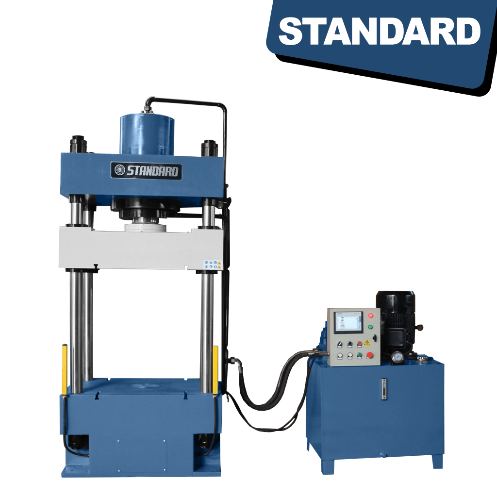 STANDARD H4P-150 ton 4-post Hydraulic Press. A large industrial machine with a metallic frame and hydraulic components. The press consists of four vertical posts, a hydraulic cylinder, and control panel, designed for heavy-duty applications.