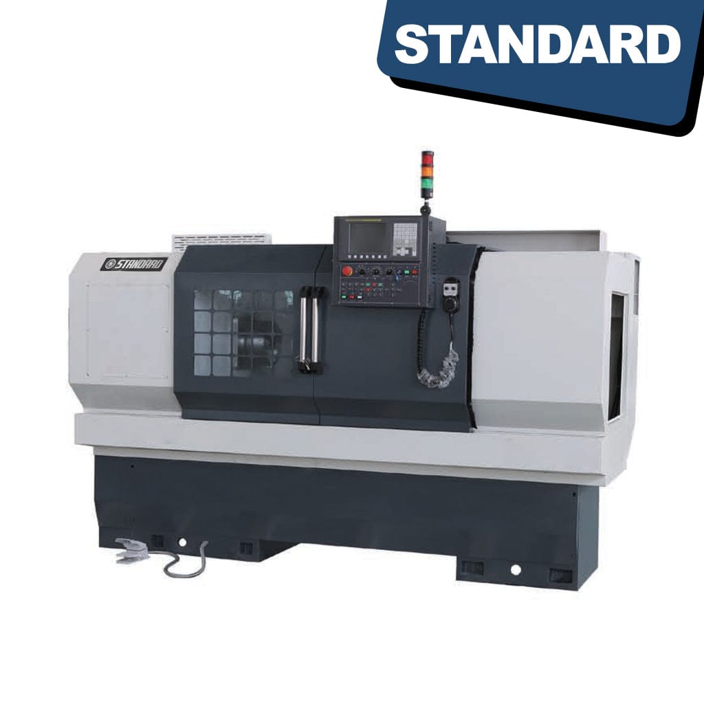 STANDARD ETB-500x1000 Flat Bed CNC Lathe with a 3-speed headstock spindle, suitable for machining operations. The machine is designed for precision metalworking, featuring a robust frame and various control mechanisms, available from STANDARD and Standard Direct