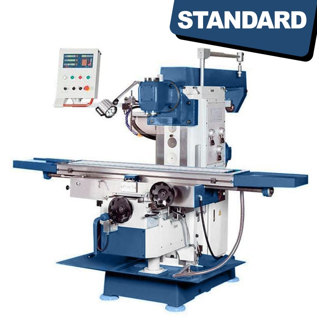 Standard UK-1100 Heavy Duty Universal Knee Mill. 1100mm X-travel. Knee Type universal milling machines, available from STANDARD and Standard Direct.