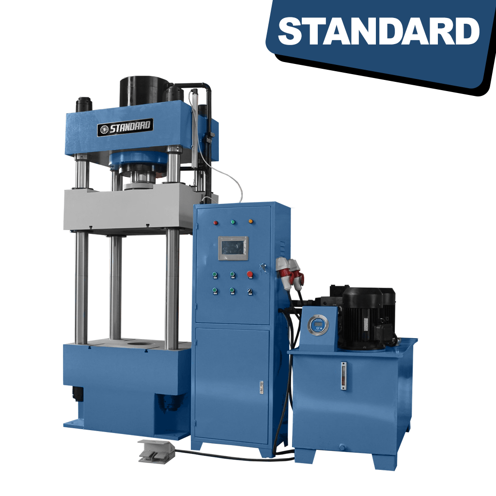 STANDARD H4P-315 4-post Hydraulic Press 315 tons – A heavy-duty industrial hydraulic press with a 315-ton capacity, featuring a four-post design for material compression and shaping. Includes a control panel for operation.
