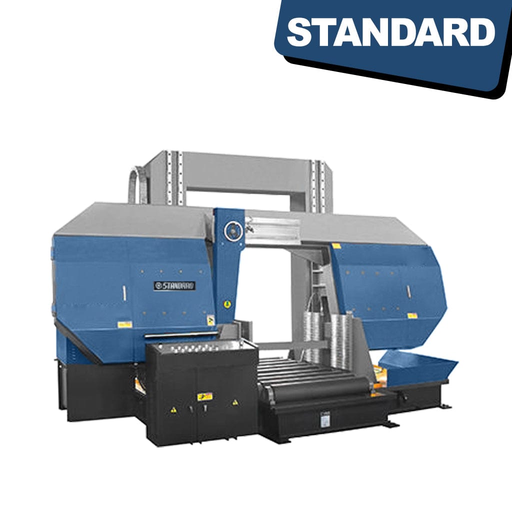 An image of the STANDARD BC-1000 Semi-Auto Bandsaw, a large industrial cutting machine with a sturdy frame, a horizontal cutting blade, and control panels for precise cutting operations.