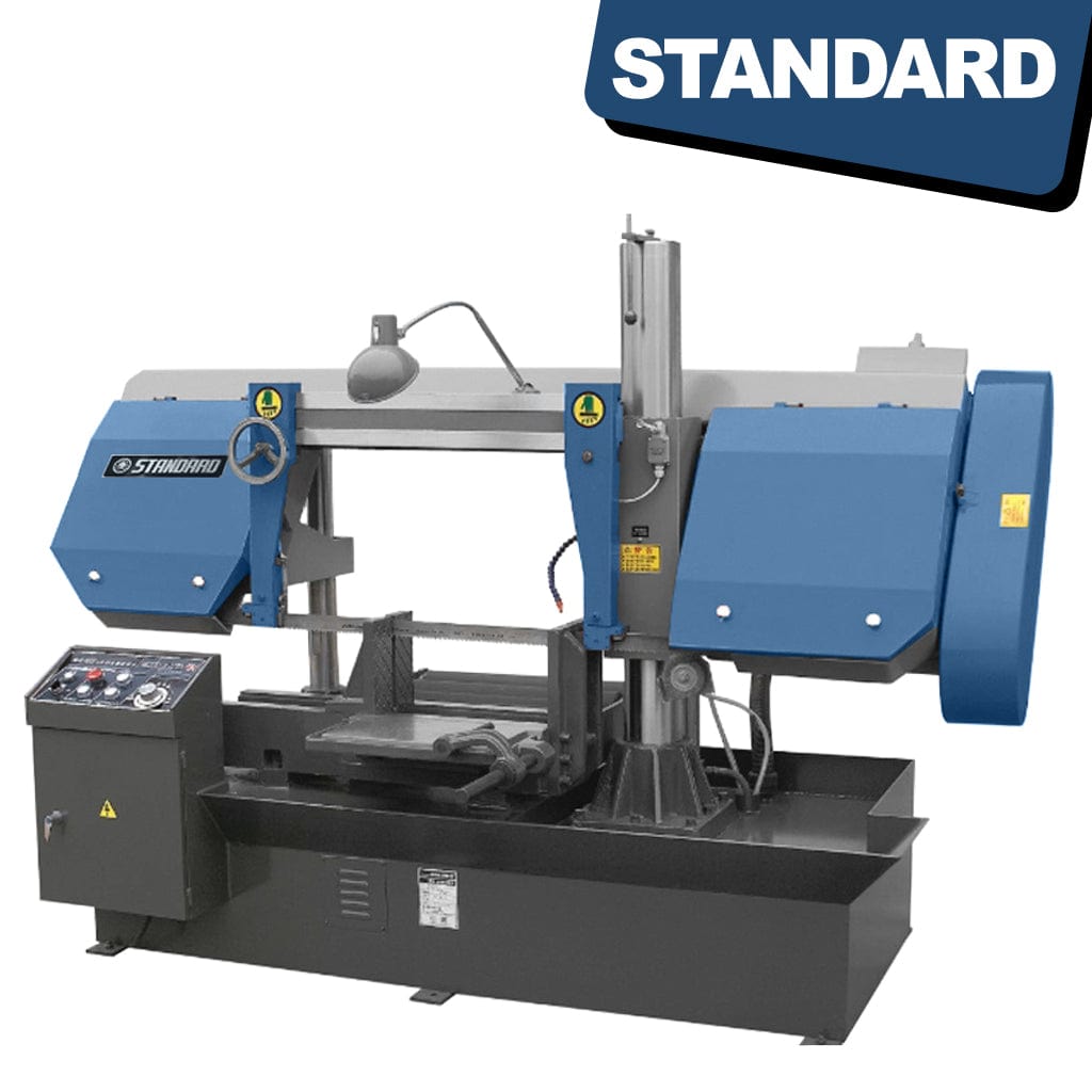  STANDARD BC-400 Heavy Duty Column Type Semi-Auto Bandsaw, a large industrial cutting machine with a vertical column design, a metal cutting blade, and various control knobs and buttons on the front panel.