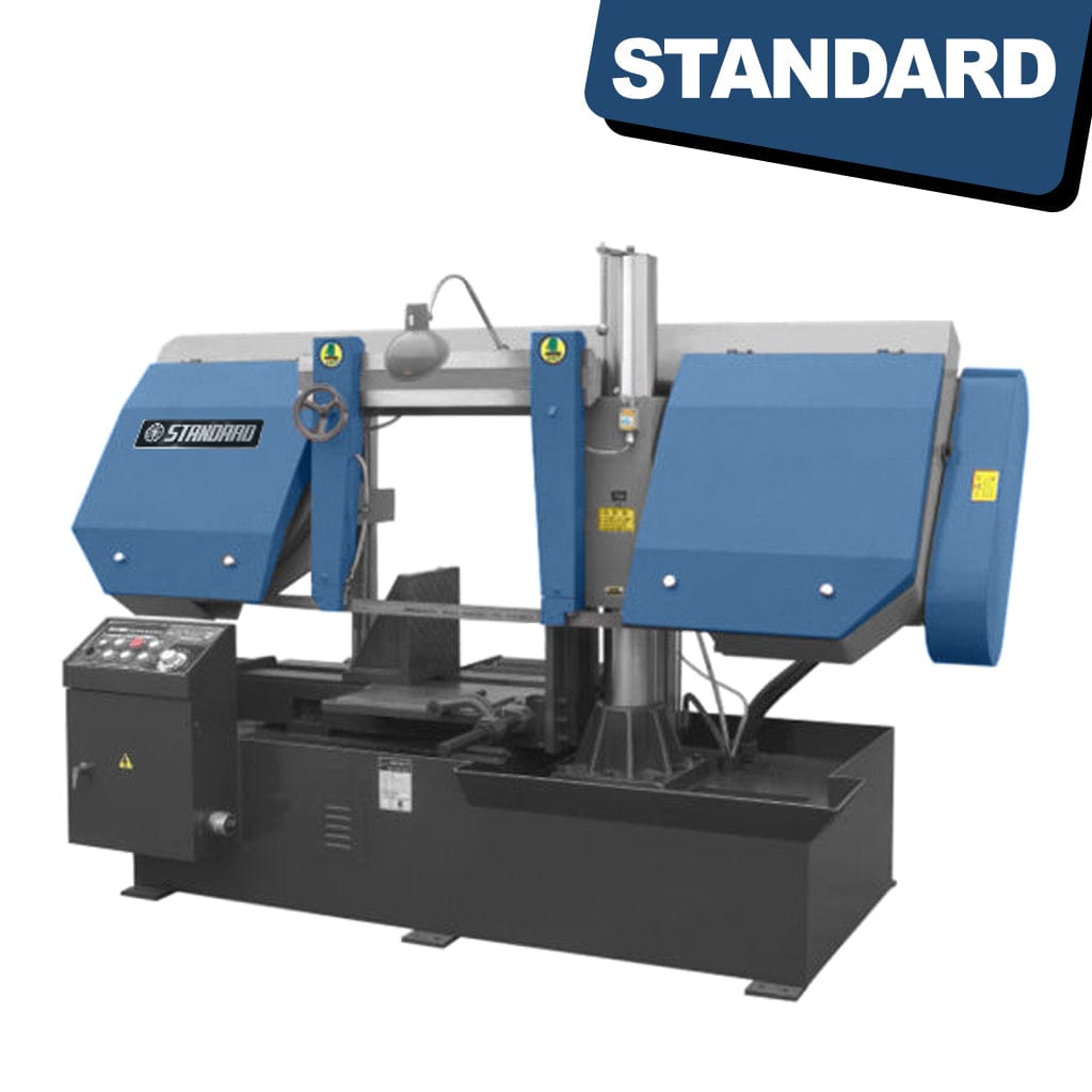 STANDARD BC-500 Semi-Auto Bandsaw: A metallic industrial machine with a sharp blade designed for cutting materials. The machine features various controls and a safety guard.