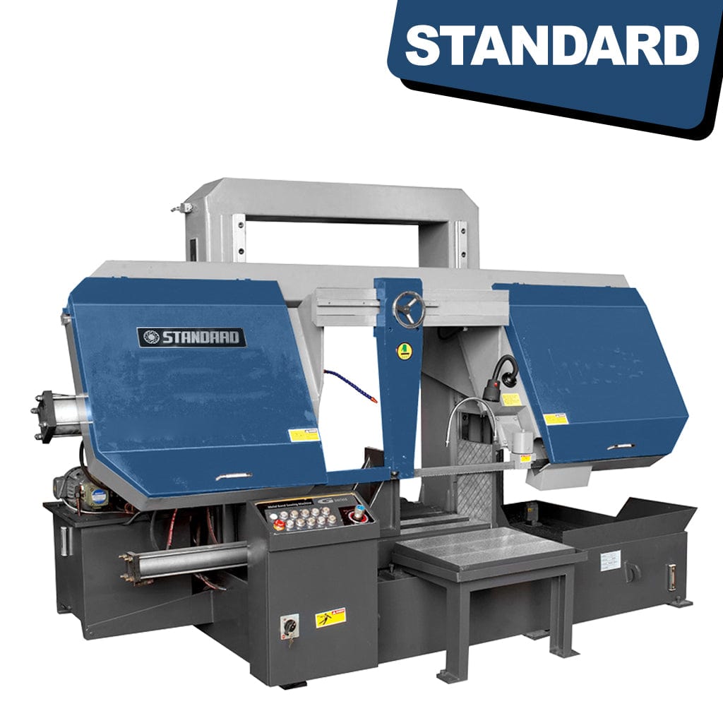STANDARD BC-650 Semi-Auto Bandsaw: A robust, industrial-grade bandsaw machine with a powerful cutting blade. The machine includes control panels and safety features.
