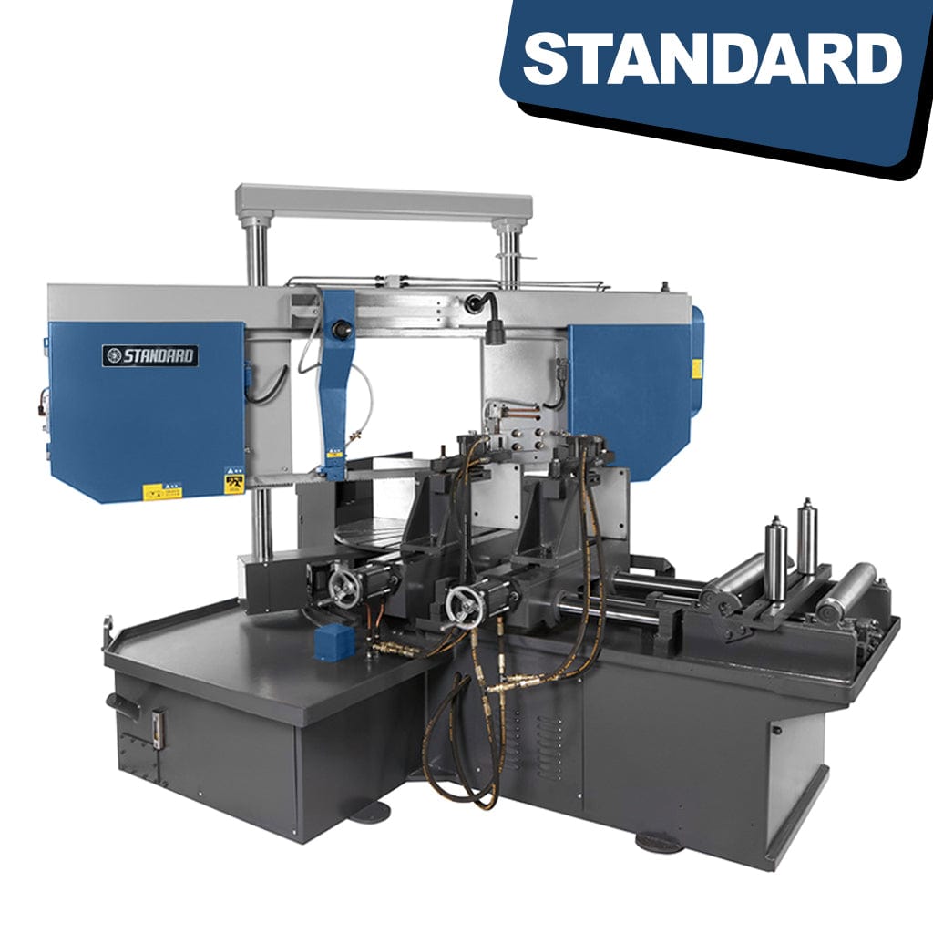 STANDARD BMC-400 Automatic NC Swing Head Bandsaw: A metallic bandsaw machine with a swinging head mechanism, designed for automatic cutting operations in industrial settings.