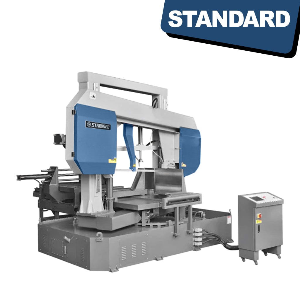 An image of the Standard BMC-600 Automatic NC Swing Head Bandsaw. The bandsaw features a sturdy frame with a swinging head mechanism. It has a control panel with buttons and a digital display for automated cutting operations. A long blade extends from the top, ready for cutting various materials.