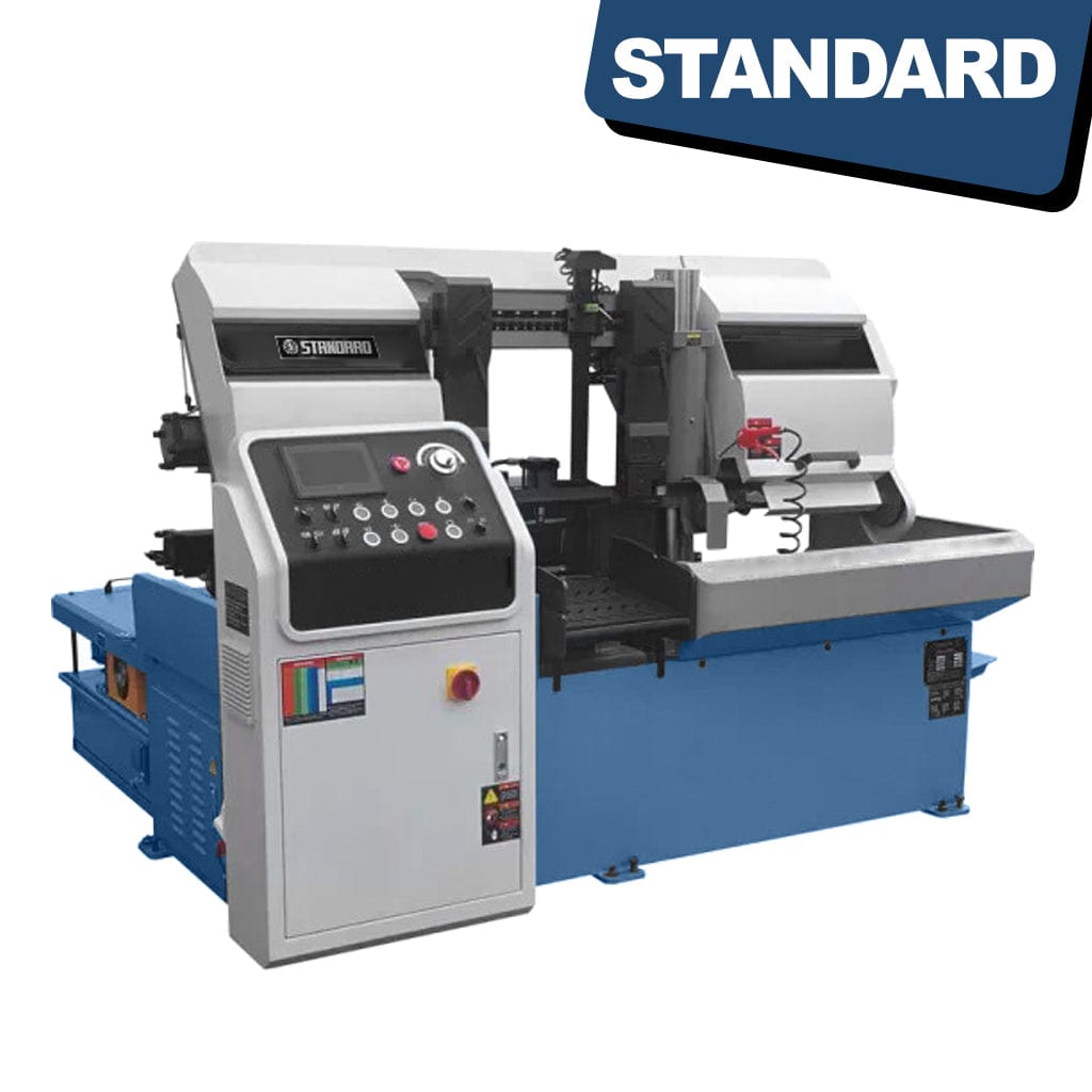 STANDARD BNC-330 Full Auto Bandsaw with NC Control. The bandsaw is a large industrial machine with a blade positioned vertically. It features control panels, buttons, and a screen for automated operation.