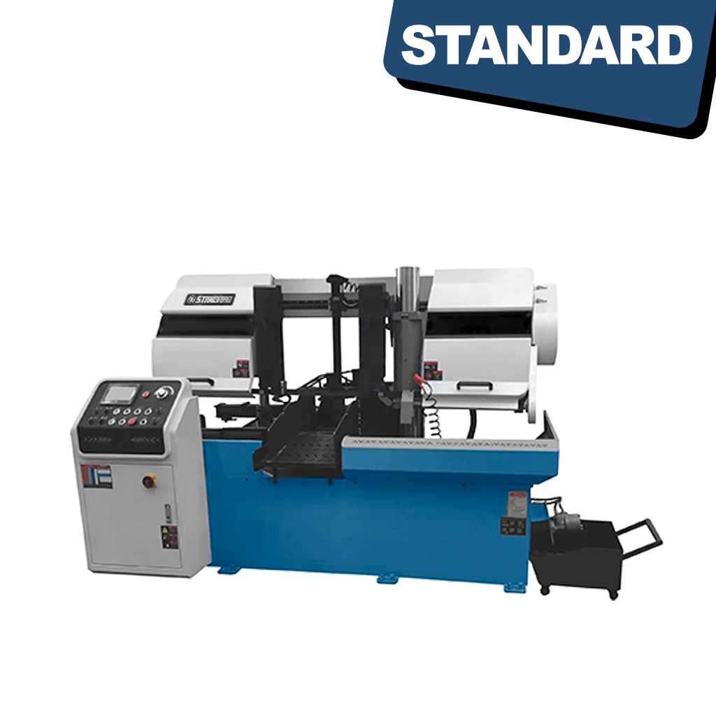 STANDARD BNC-430 Full Auto Bandsaw with NC Control. A metallic bandsaw with various control panels and a cutting blade positioned on a horizontal axis. The machine appears to be in a factory setting with surrounding industrial equipment.