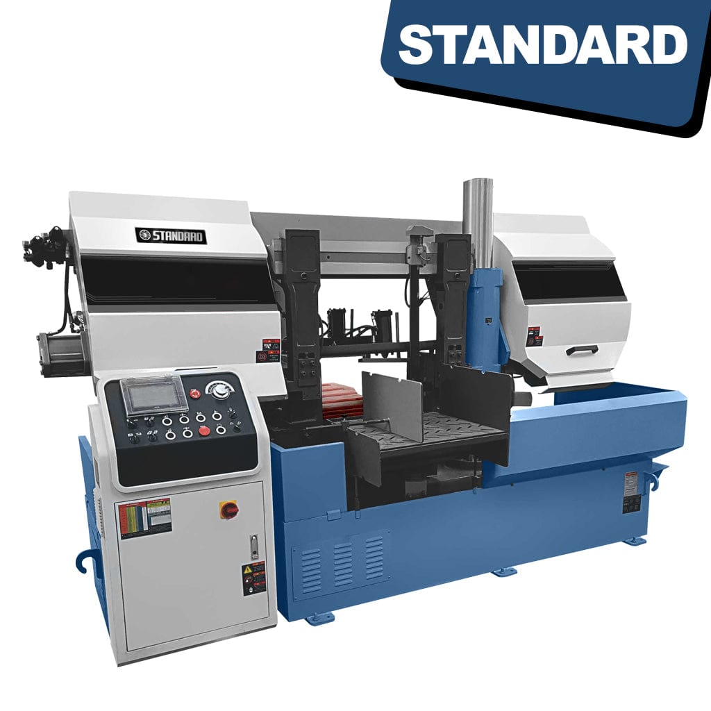 STANDARD BNC-530 Full Auto Bandsaw with NC Control: A metallic bandsaw with a control panel, displaying various buttons and a digital interface. The machine has a cutting blade and is designed for automated cutting processes in industrial settings.