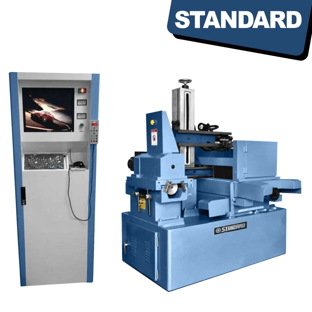 STANDARD EDW-500x800 Precision Wire Cut EDM machine with a white background. The machine is rectangular and measures 500x800 units in size. It has various control panels, wires, and components, indicating its precision wire cutting capabilities.