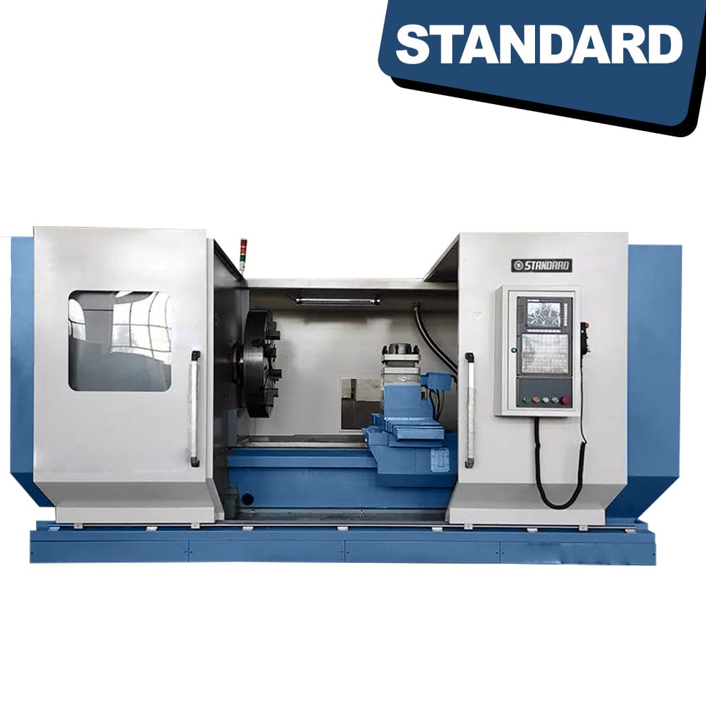 Image of a heavy-duty CNC lathe machine, model STANDARD ETD-1250x6000, with a 6-ton capacity and Fanuc control system. The machine is designed for precision turning operations in industrial settings, available from STANDARD and Standard Direct.