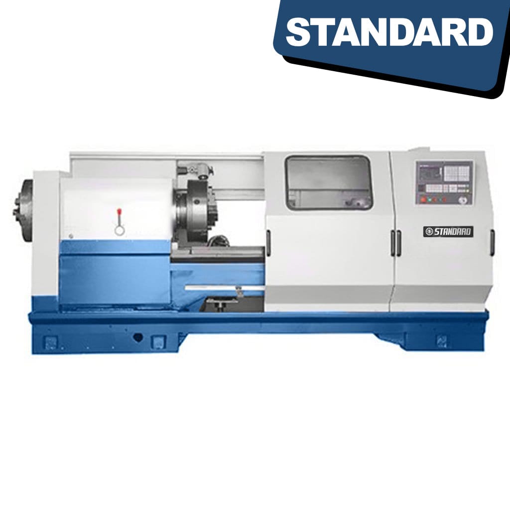 Image of a STANDARD ETO-1200x3000-500 Oil Country CNC Lathe, a large industrial machine used for shaping metal, featuring a Ø500mm Spindle Bore. The machine is designed for heavy-duty machining operations in manufacturing settings, available from STANDARD and Standard Direct. 
