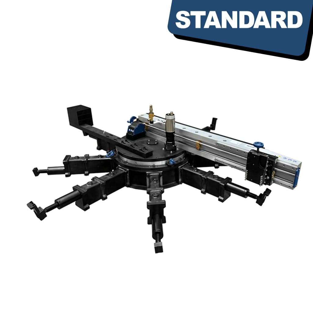The STANDARD OFF-1200-3000P Portable Flange Facers, a portable machining tool for flanges. This device features control knobs, a cutting tool, and a display panel.
