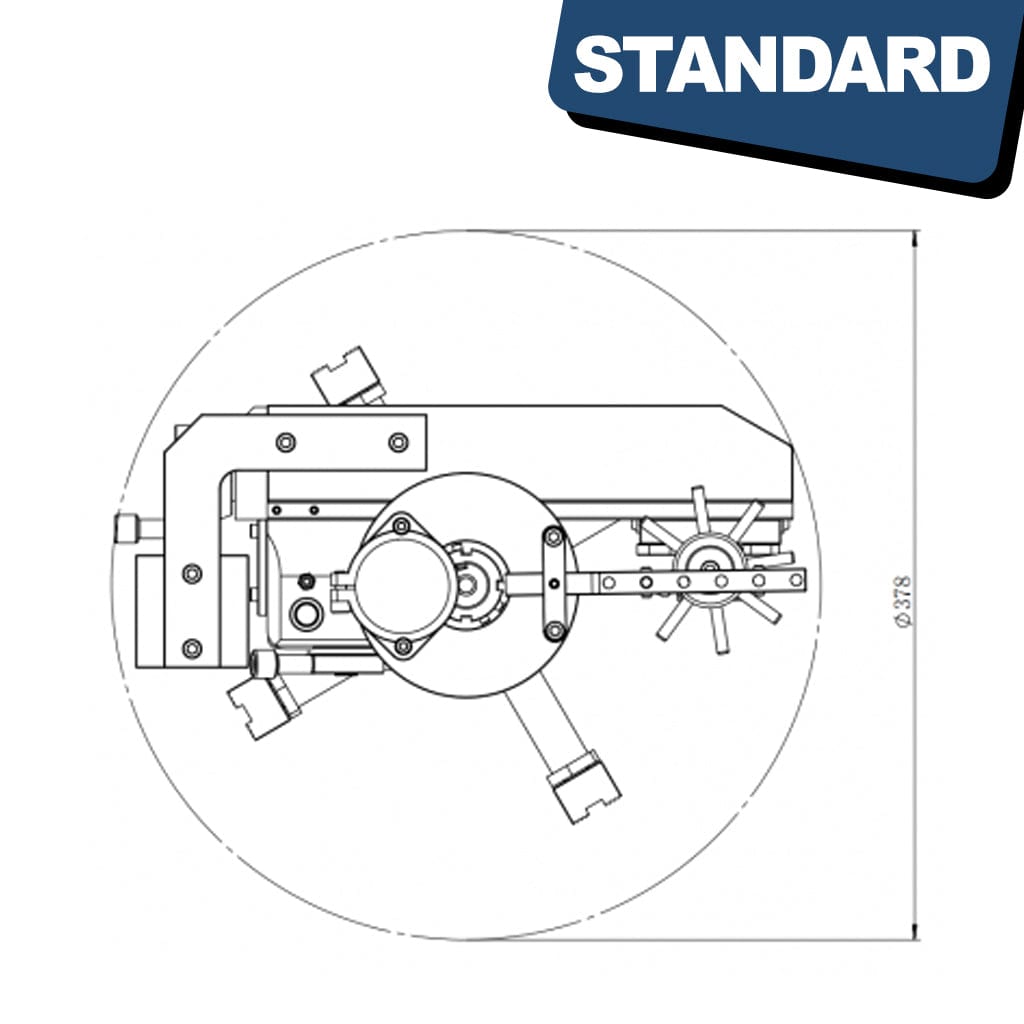 Top view sketch of the STANDARD OFF-50-305P - Portable Flange Facer, showing its compact design with control knobs and a circular cutting tool attachment, designed for machining flanges in industrial settings