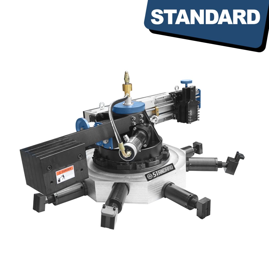 A compact, portable flange facer machine, model OFF-500-1650P, designed for machining flanges. The machine is mounted on a sturdy base and features control knobs, a cutting tool, and a display panel.