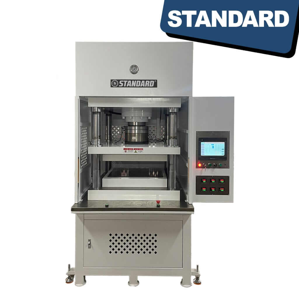 A professional-grade hot press featuring a touchscreen control panel.