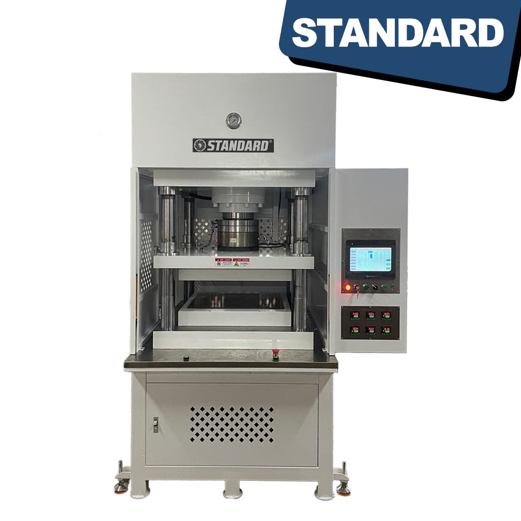 STANDARD H4H-50 Hydraulic Hot Press, a heavy-duty machine used for pressing materials with a force of 50 tons. The press consists of a sturdy frame with hydraulic components, a control panel, and a large pressing area. It is designed for industrial applications requiring high-pressure pressing.