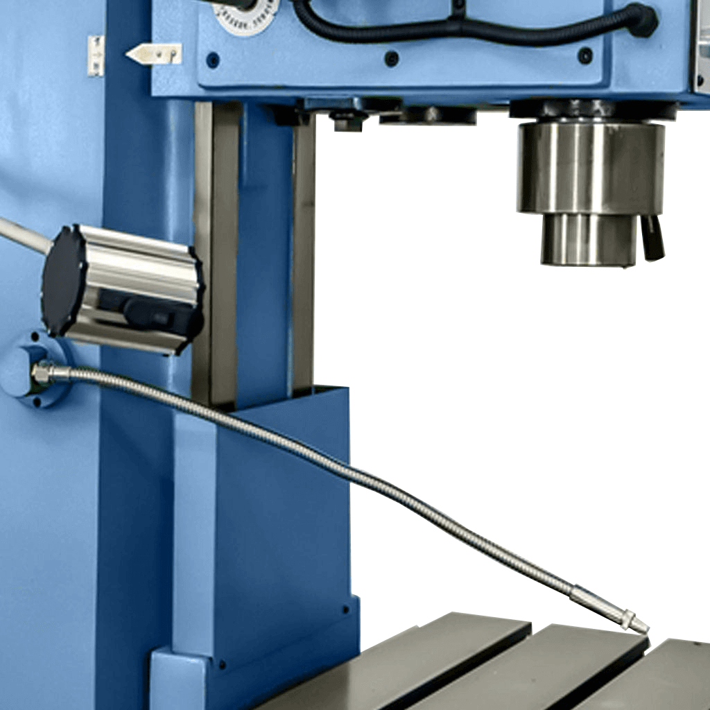 The drill head of the STANDARD DC-50 Heavy Duty Column Type Drilling Pedestal Machine featuring an attached light source. The light is positioned to illuminate the drilling area, enhancing visibility and precision during industrial-grade drilling operations. The drill head displays the sturdy construction and mechanical components necessary for heavy-duty drilling tasks.