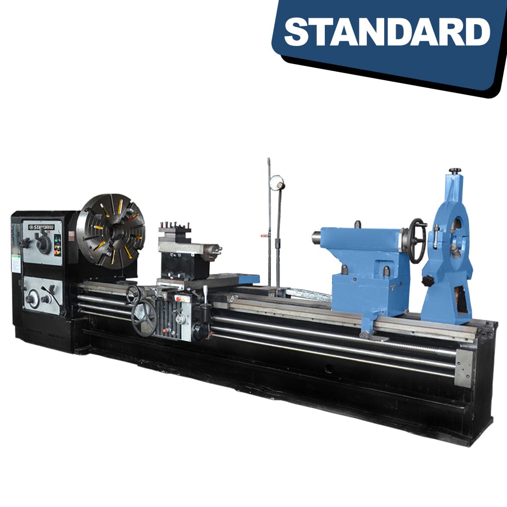 Side view of TC-1100x6000 Heavy Duty Lathe - 3Ton Capacity, an industrial metalworking machine. It features a sturdy build and can accommodate materials weighing up to 3 tons.