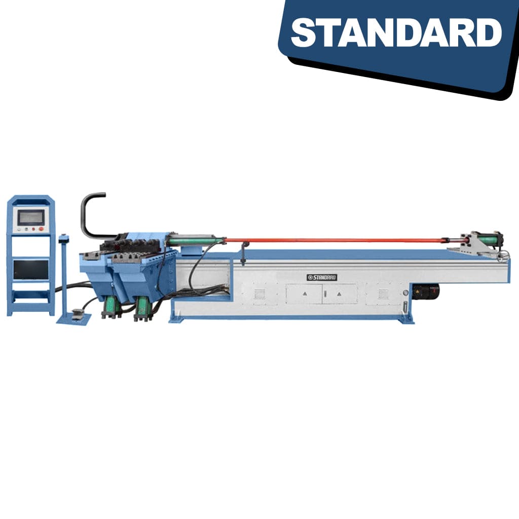 The STANDARD BTNC-100, 1-axis Hydraulic Mandrel Tube Bender shown against a clean, well-lit backdrop. The machine is metallic and stands tall, comprising various mechanical components, including hydraulic cylinders, a bending arm, and a control panel with buttons and knobs. Tubes of various sizes are visible in the bending area, showcasing its capability to bend metal tubes effectively.