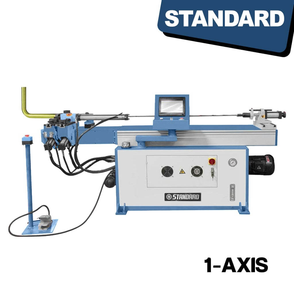 A hydraulic tube bender machine, the STANDARD BTNC-38, is shown with a single axis for bending tubes. It consists of a sturdy frame with various mechanical components and hydraulic controls. The machine features a central mandrel used for shaping metal tubes and pipes, with levers, knobs, and controls arranged along its body for operation.