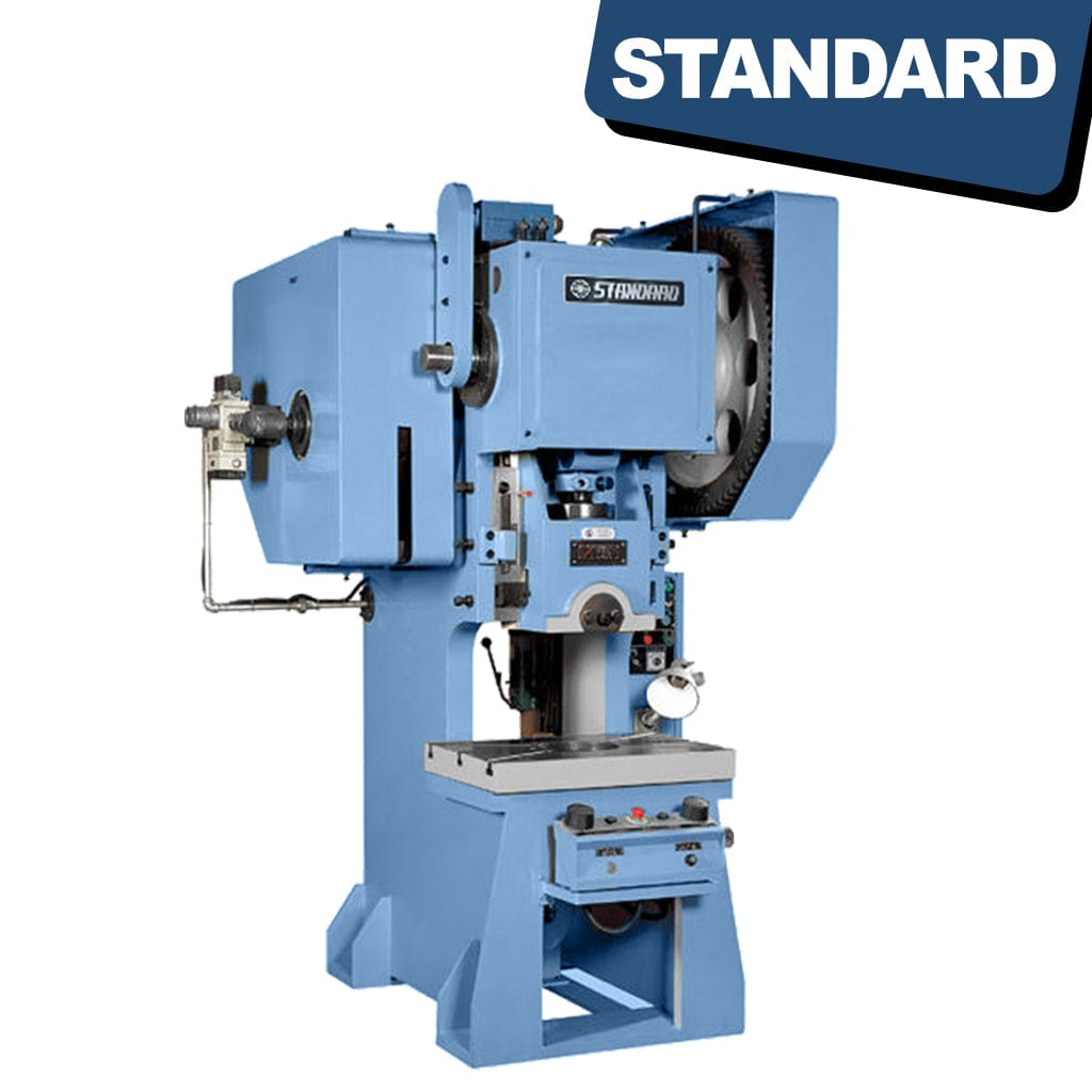 STANDARD EPA-125P Eccentric Press featuring adjustable stroke and a pneumatic clutch. The machine has a metallic frame with various control knobs and levers. Its design shows a compact and industrial-style apparatus used in manufacturing processes.