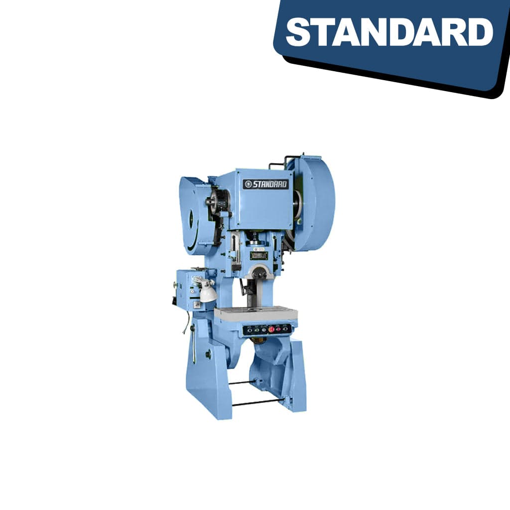 STANDARD EPA-16M Inclinable Eccentric Presses with Adjustable Stroke and Mechanical Clutch. A heavy-duty industrial machine with a metallic frame, adjustable components, and mechanical clutch. The press features an inclined structure and various control knobs and levers for operation.