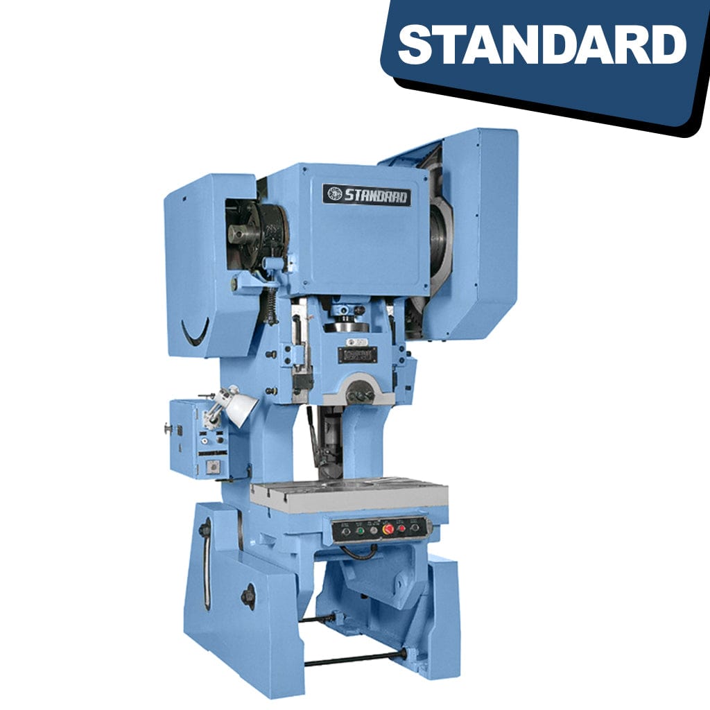STANDARD EPA-40M Inclinable Eccentric Presses with Adjustable Stroke and Mechanical Clutch: A heavy-duty industrial machine with adjustable settings, designed for shaping metal sheets. It features a tilted press mechanism with various controls and levers.