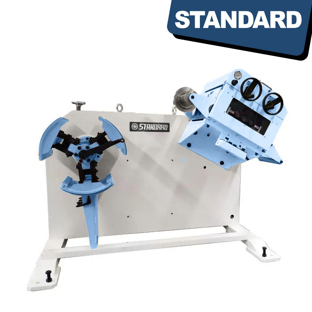 STANDARD GL-300 Decoiler and Straightener, a machine for handling metal coils. It is suitable for material thicknesses ranging from 0.3mm to 3.5mm. The machine has a compact design with a feeder and straightener for efficient processing, available from STANDARD and Standard Direct