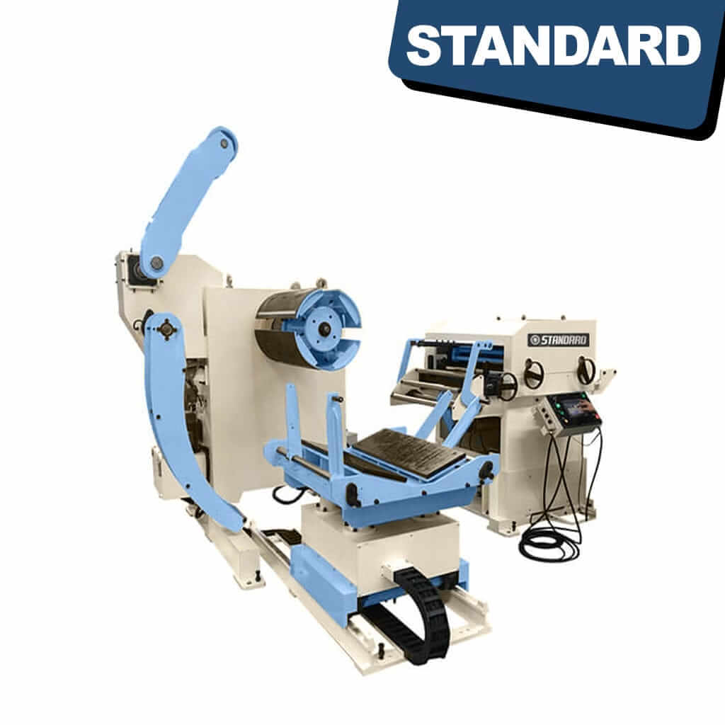 STANDARD GLK2-500 Decoiler Straightener Feeder. A compact machine with a decoiler, straightener, and feeder combined into one unit. Suitable for processing a wide range of materials, including CR steel, HR steel, galvanized steel, stainless steel, copper, and aluminum. Features precision rollers for accurate flattening and smooth feeding for uninterrupted production. Designed for ease of use with intuitive controls and adjustable settings, available from STANDARD and Standard Direct