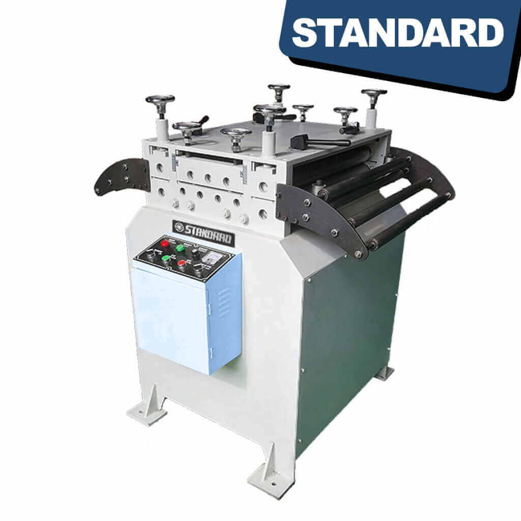 Image of the STANDARD HS-B2-2 Steel Straightener, a heavy-duty machine used in industrial settings to straighten steel materials. The machine is large and has various components for precise straightening operations, available from STANDARD and Standard Direct.