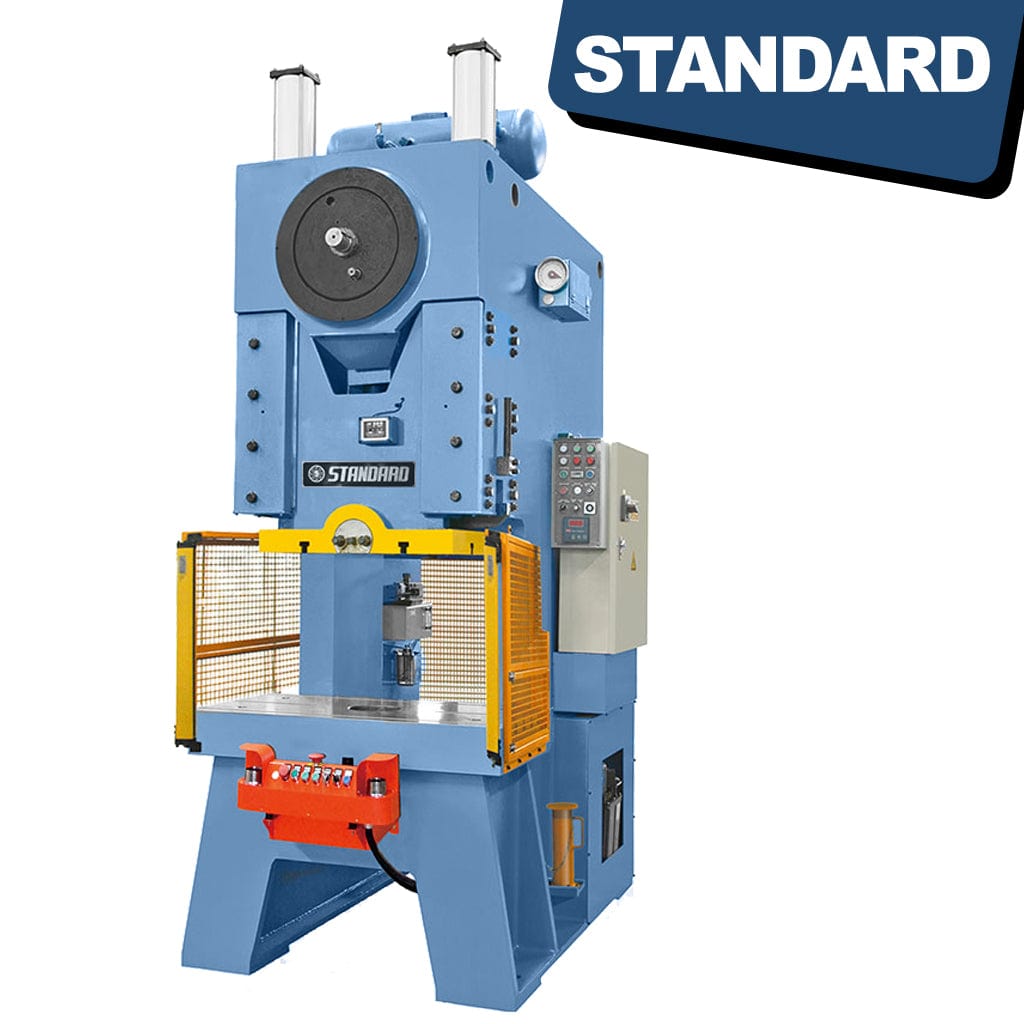 STANDARD EPA-250P Eccentric Press, a mechanical device with adjustable stroke and a pneumatic clutch. The press consists of a sturdy frame with various controls, a rotating wheel for stroke adjustment, and a pneumatic clutch system. It is primarily used in manufacturing for shaping materials through a pressing process.