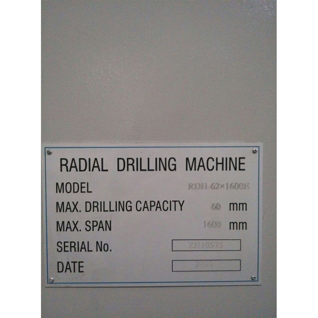 STANDARD RDH-62x1600 Radial Drill Product Label
