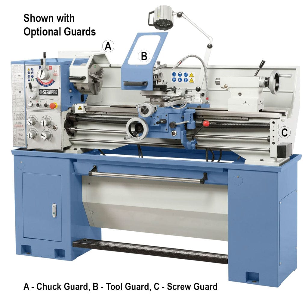 STANDARD T-360x1000 Precision Lathe with a Foot Brake, equipped with optional guards for safety. This lathe is a stationary machine used in metalworking and shaping materials, featuring protective enclosures to enhance workplace safety.