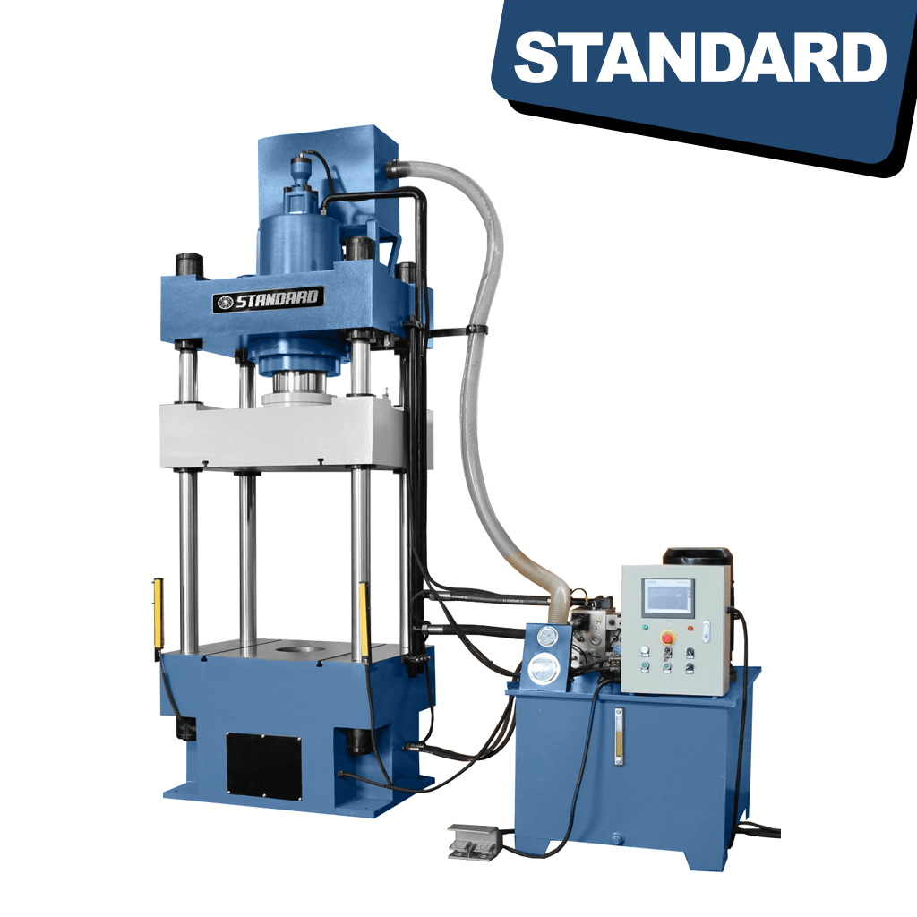 A robust industrial machine, the STANDARD H4P-200 4-post Hydraulic Press, capable of exerting 200 tons of force. It features four vertical posts, a control panel on one side, and a hydraulic system for heavy-duty operations