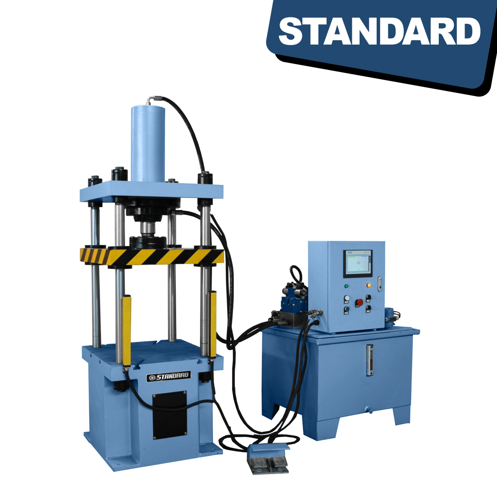 An image of the STANDARD H4P-63 4-post Hydraulic Press, a heavy-duty machine with a 63-ton capacity, featuring a robust steel frame and hydraulic components. The press is designed for various industrial applications, such as metalworking and fabrication.