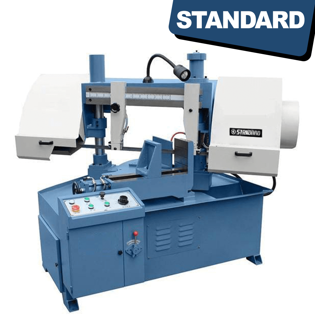 STANDARD BM-280 Semi-Auto Mitre Cutting Bandsaw - Column Type. A large, industrial-grade bandsaw with a rectangular cutting table, a vertical column, and a rotating saw blade. The machine is designed for precision cutting of materials and features control panels and adjustable settings