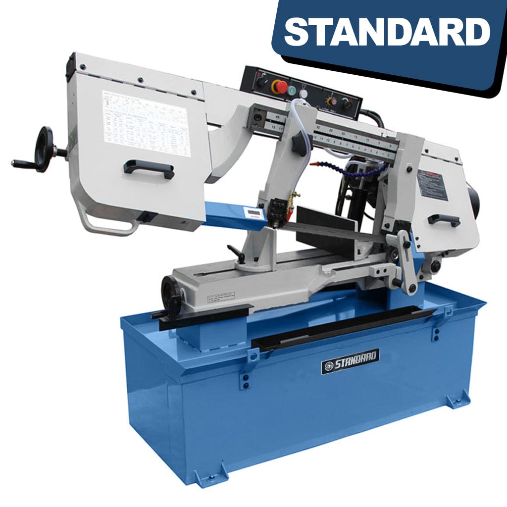 STANDARD B-250V Manual Bandsaw with Variable Blade Speed. This bandsaw is a stationary machine used for cutting various materials. It has adjustable blade speed, allowing users to control cutting speeds for different tasks.