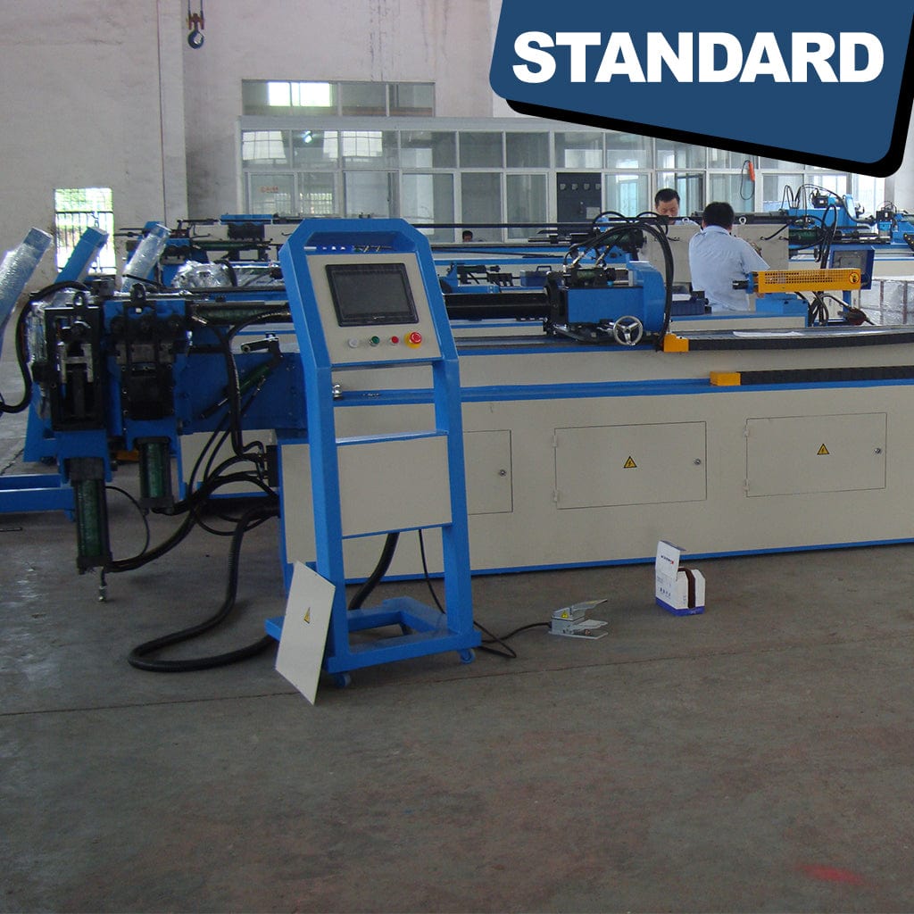 Control panel of the STANDARD BTH-114 3-Axis Hydraulic Mandrel CNC Tube Bender. The panel features various tactile buttons, knobs, and a digital display screen for programming and operating the tube bending machine. The interface enables precise control and customization of bending parameters.