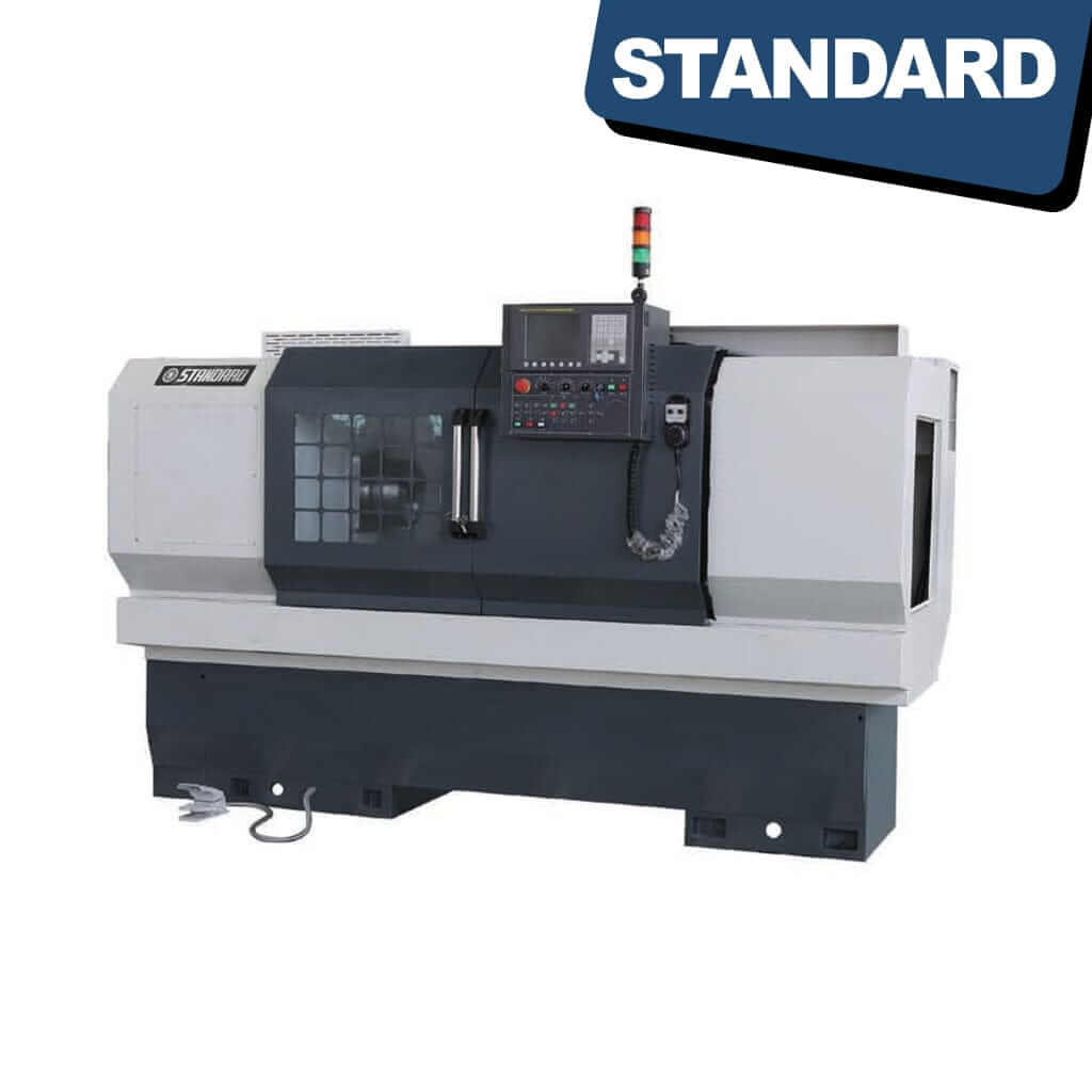 STANDARD ETA-400x1000 Flat Bed CNC Lathe - Direct Drive, a precision machining tool. The machine features a sturdy flat bed design with a direct drive spindle, suitable for high-precision turning operations. The lathe has a compact footprint and is equipped with a turret for efficient tool changes. It is designed for industrial use, offering high performance and reliability.