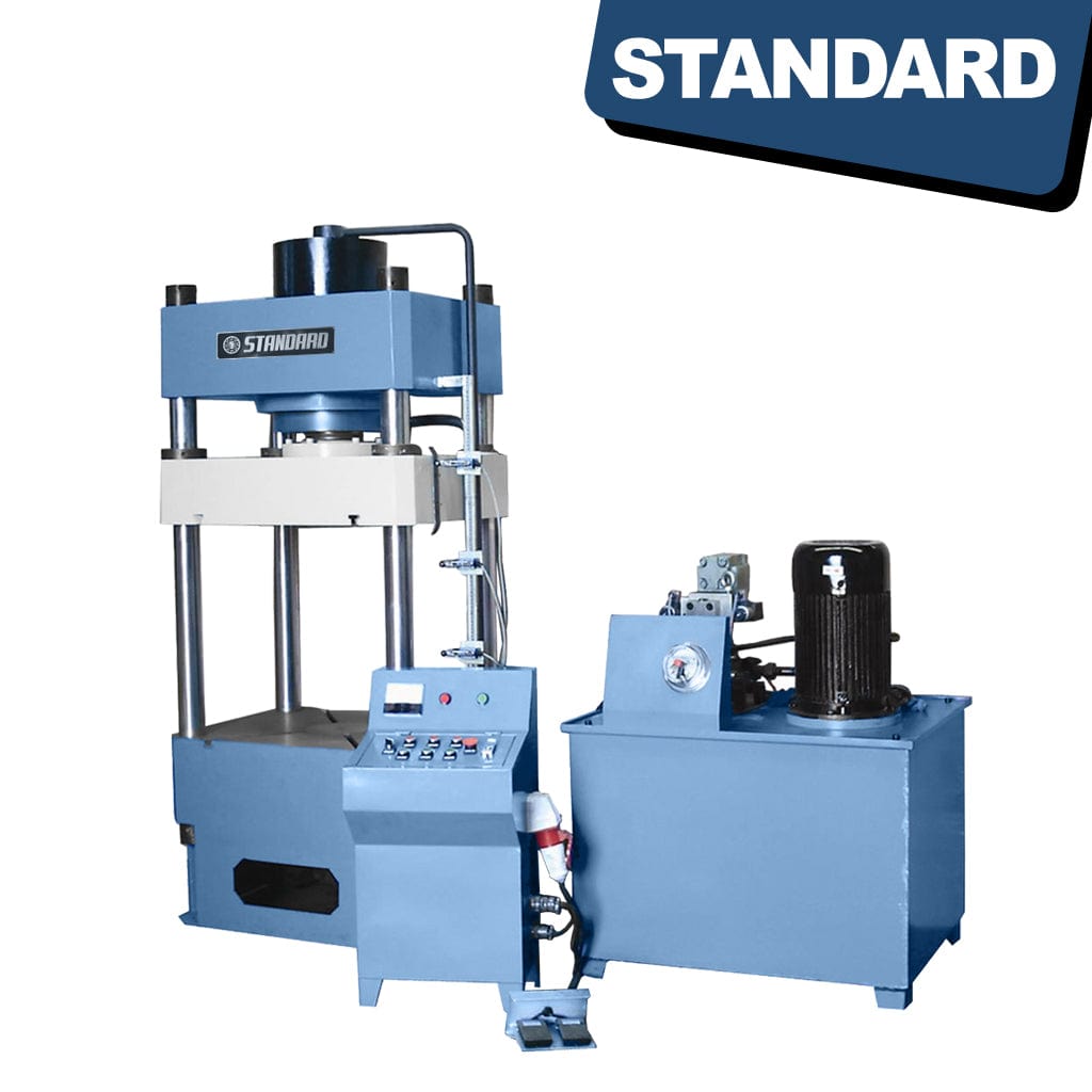A blue STANDARD H4P-100 4-post Hydraulic Press with a 100-ton capacity, featuring a sturdy frame and hydraulic components. It is a heavy-duty industrial machine used for various pressing and forming operations.