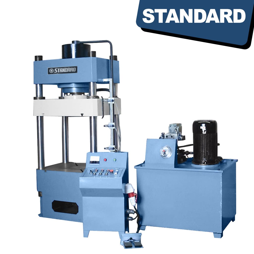 STANDARD H4P-150 ton 4-post Hydraulic Press - A large industrial machine with four vertical posts, a control panel on the side, and a hydraulic system. It stands sturdy and robust, designed for heavy-duty pressing operations.