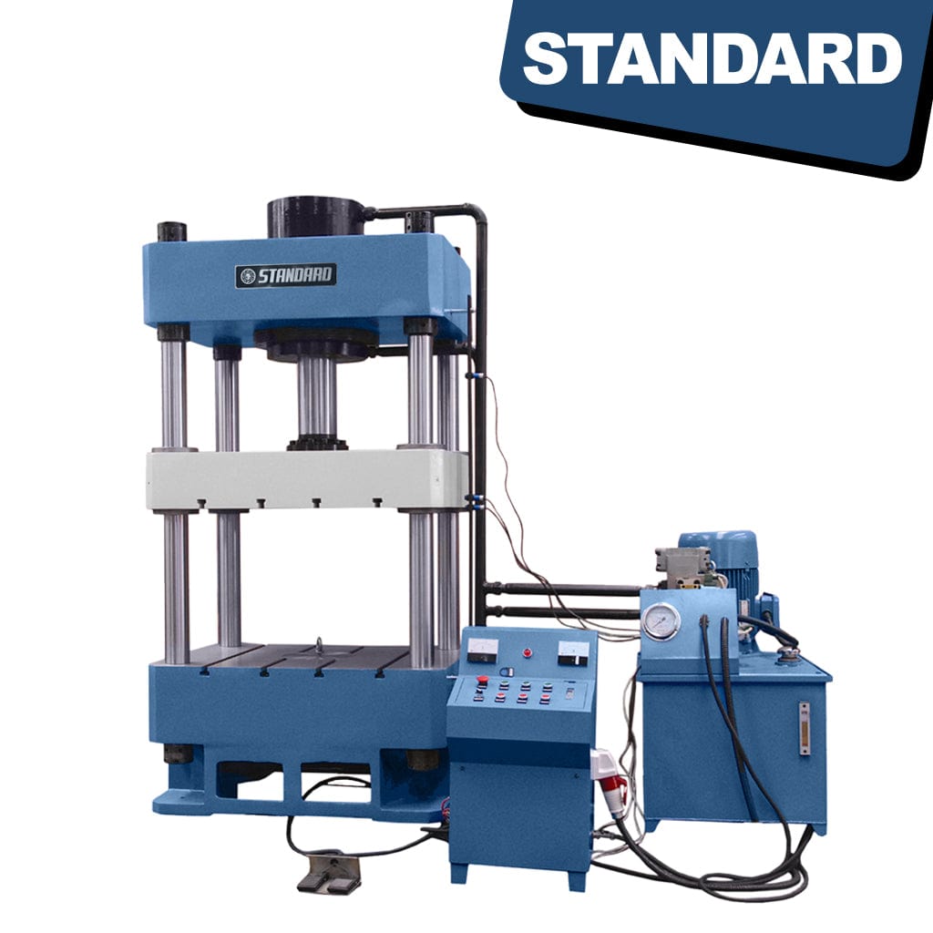STANDARD H4P-200 4-post Hydraulic Press 200 tons - A heavy-duty industrial machine featuring four vertical posts, a control panel on one side, and a powerful hydraulic system. The press is designed for significant force applications and sturdy, large-scale operations.